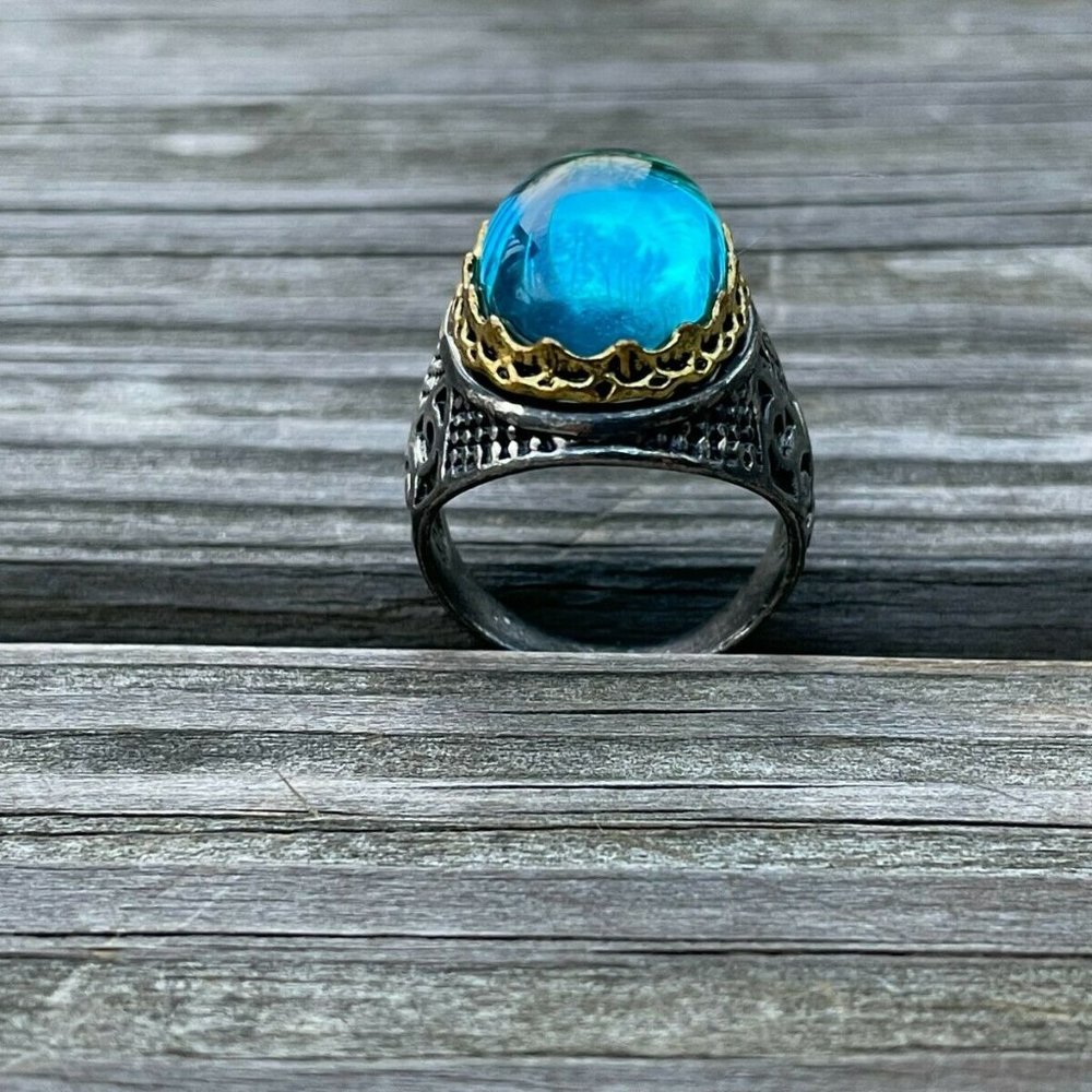 Men Rings Fashion Blue Stone Gunmetal/Gold Tone Men Jewelry Rings Size 9 - Picture 6 of 11